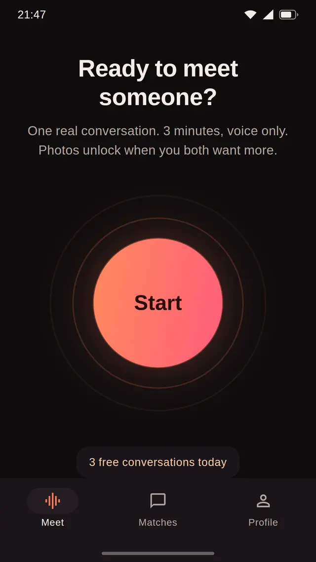 Ocroon app home screen with a glowing Start button and the text 'Ready to meet someone?'