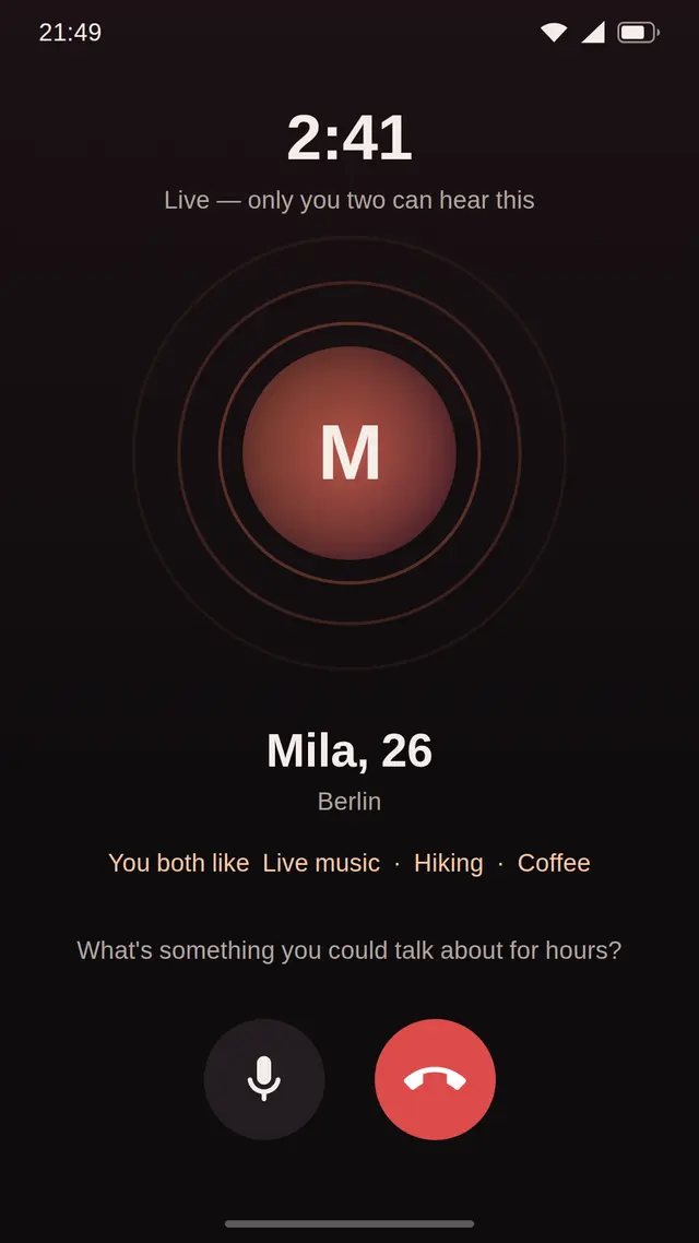 A live Ocroon voice call with a countdown timer and no photos
