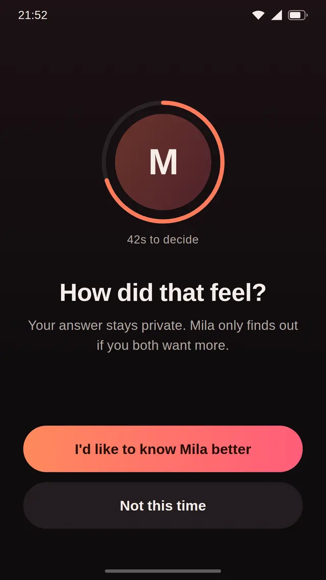 The private decision screen with heart and thumbs-down choices